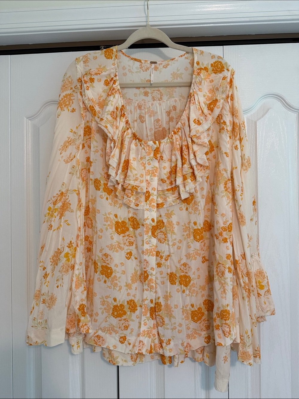 Free People Floral Ruffle Peasant Blouse - Cream with Orange Floral